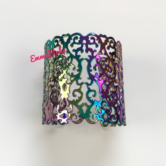 New Hollowed Out Scroll Metal Oil Slick Holographic Cuff Bracelet - Picture 2 of 16